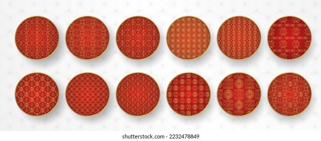 Decoración tradicional china con motivos redondos. Ornamento rojo de lujo asiático dorado. Círculo oriental, japonés. Motivo creativo del vector oriental. Plantilla para saludar año nuevo, banner, afiche y calendario.