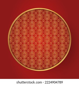 Traditional chinese round pattern frame. Oriental, japanese circle. Red golden asian elegant line ornament. Eastern vector creative motif. Template for greeting new year, banner, poster and calendar.