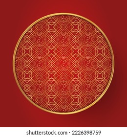 Traditional chinese round pattern frame. Oriental, japanese circle. Red golden asian elegant line ornament. Eastern vector creative motif. Template for greeting new year, banner, poster and calendar.