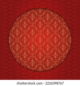 Traditional chinese round pattern frame. Oriental, japanese circle. Red golden asian lattice vip design ornament. Eastern vector creative motif. Template for greeting new year, banner, posters.
