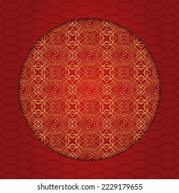 Traditional chinese round pattern frame. Oriental, japanese circle. Red golden asian lattice vip design ornament. Eastern vector creative motif. Template for greeting new year, banner, poster.