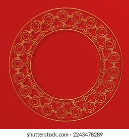 Traditional chinese round pattern frame. Oriental, japanese circle. Red golden asian elegant line ornament. Eastern vector creative motif. Template for greeting new year, banner, poster and calendar.