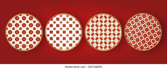 Traditional chinese round pattern frame. Oriental, japanese circle. Red golden asian elegant line ornament. Eastern vector creative motif. Template for greeting new year, banner, poster and calendar.