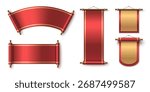 Traditional Chinese scroll banners with paper and gold accents - red curved, rectangular and vertical hanging designs with ornate handles. Oriental decorative elements for festivals celebrations.