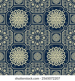 Traditional Chinese seamless pattern.  Asian ornament decor in dark blue and gold color tone. Vector design for backdrop, background, wallpaper, wrapping paper, carpet, textile, fabric.