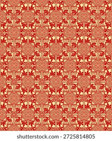 Patrón chino tradicional sin fisuras con símbolos rojos de longevidad, motivos florales y celosía geométrica sobre un fondo dorado. Perfecto para el Año Nuevo Lunar y festivales.