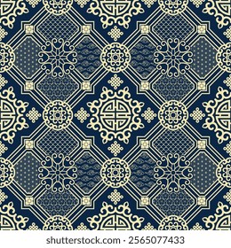 Traditional Chinese seamless pattern.  Geometric with Asian ornament in dark blue and gold color tone. Vector design for backdrop, background, wallpaper, wrapping paper, carpet, textile, fabric.