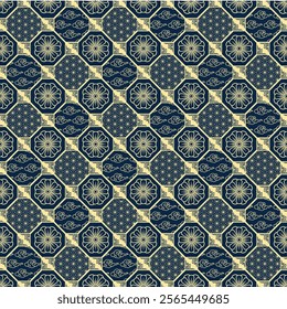 Traditional Chinese seamless pattern.  Geometric with Asian ornament in dark blue and gold color tone. Vector design for backdrop, background, wallpaper, wrapping paper, carpet, textile, fabric.