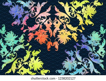 Traditional Chinese seamless pattern, ornament. Colored vector illustration with gold on dark background.
