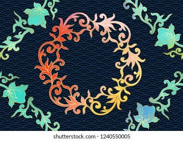 Traditional Chinese seamless pattern, ornament. Colored vector illustration with gold on dark background.
