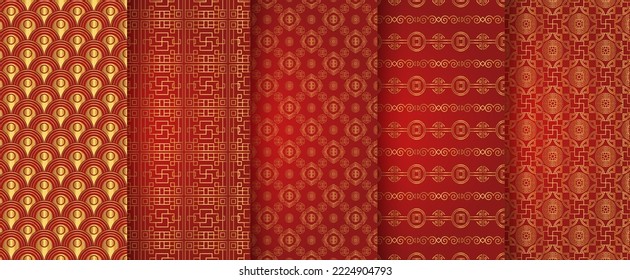Traditional chinese seamless pattern set. Red golden asian luxury ornament. Oriental, japanese background. Eastern vector creative motif. Template for greeting new year, banner, poster and calendar.