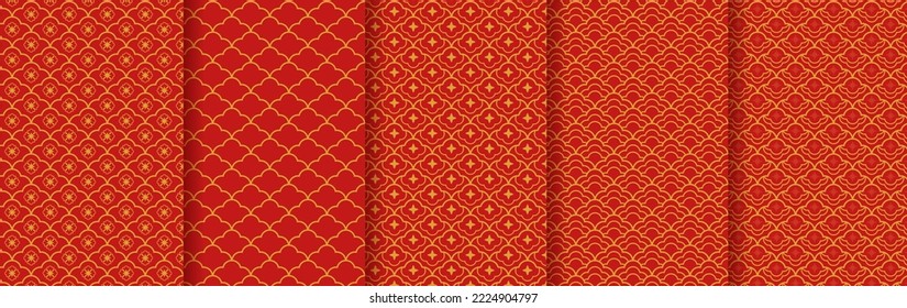 Traditional chinese seamless pattern set. Red golden asian luxury ornament. Oriental, japanese background. Eastern vector creative motif. Template for greeting new year, banner, poster and calendar.
