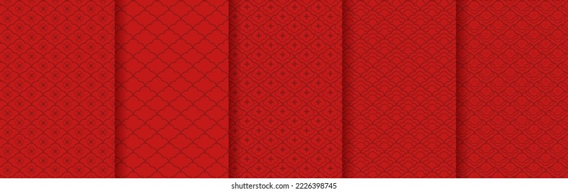 Conjunto de patrones chinos tradicionales sin costura. Ornamento rojo de lujo asiático dorado. Antecedentes orientales, japoneses. Motivo creativo del vector oriental. Plantilla para saludar año nuevo, banner, afiche y calendario.