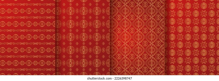 Traditional chinese seamless pattern set. Red golden asian luxury ornament. Oriental, japanese background. Eastern vector creative motif. Template for greeting new year, banner, poster and calendar.