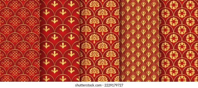 Traditional chinese seamless pattern set. Red golden asian luxury ornament. Oriental, japanese background. Eastern vector creative motif. Template for greeting new year, banner, poster and calendar.