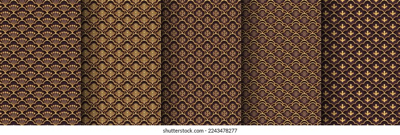 Conjunto de patrones chinos tradicionales sin costura. Ornamento de lujo asiático dorado negro. Antecedentes orientales, japoneses. Motivo creativo del vector oriental. Plantilla para tarjeta de saludo, banner, afiche y calendario.