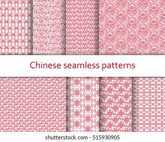 Traditional Chinese seamless patterns set. Detailed decorative motifs. Red and white colors. Vector illustration.