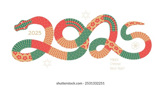 Traditional Chinese Snake in form of numbers 2025 new year. Ornate Green Snake is symbol of the Zodiac year. Isolated vector illustration. Vector illustration eps 10