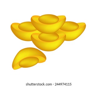 Traditional Chinese, Stack of Chinese Gold Ingots Isolated on White Background for Chinese New Year Celebration. 
