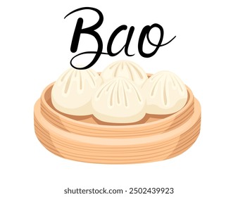 Traditional Chinese steamed pork bun Bao on bamboo round tray. Buns with handwritten label. Ideal for Asian restaurant menus, food blogs. Vector illustration isolated on white background.