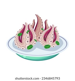 Traditional Chinese stewed octopus tentacles illustration. Asian street food dish on plate isolated on white. Asian food concept