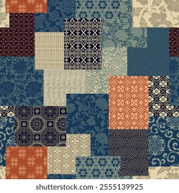 Traditional Chinese style fabric patchwork wallpaper abstract floral vector seamless pattern for shirt fabric wrapping carpet rug tablecloth pillow placemat