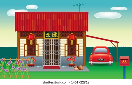 Traditional Chinese style house, often seen in Malaysia's new village. Various types and colour. Caption: the places where the owner's origin.