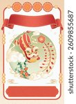 Traditional chinese style poster with dancing lion and elements