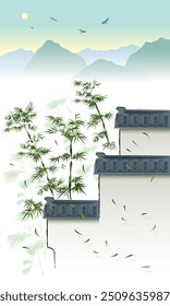 A traditional Chinese style wall with bamboo tree. Vector. Background with mountain scenery.