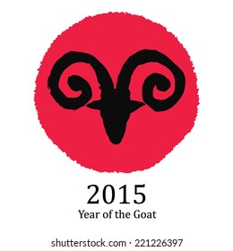 Traditional Chinese symbol of the New Year. Black and red goat or ram head on red circle isolated on white background. Hand drawn grungy vector illustration of an astrological creature. 
