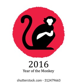 Traditional Chinese symbol of the New Year. Black and white monkey with a red circle isolated on white background. Hand drawn grungy vector illustration of an astrological creature. 