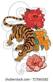 Traditional Chinese tattoo of roaring tiger with cherry blossom and hibiscus flowers on cloud.Traditional Japanese culture for printing on background.Snake with Sunrise for coloring book on background