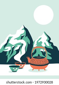 Traditional Chinese tea ceremony. Teapot and cups on the zen mountains background with place for your text. Happiness, zen vector illustration. Chinese tea card design with place for your text.