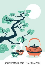 Traditional Chinese tea ceremony. Teapot and cups on the zen pine tree background with place for your text. Happiness, zen vector illustration.