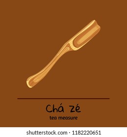 Traditional chinese tea ceremony utensils vector illustration. Bamboo tea measure, tea spoon Cha Ze. Tea tools collection, cards with chinese titles and english translation.