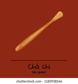 Traditional chinese tea ceremony utensils vector illustration. Tea spoon Cha Chi, bamboo scraper. Tea tools collection, cards with chinese titles and english translation.