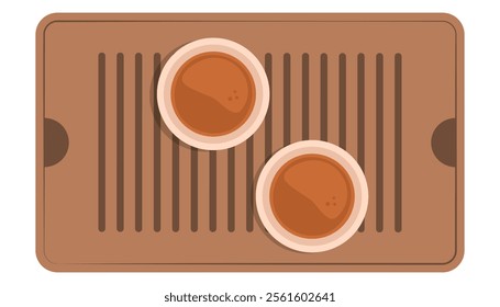 Traditional Chinese tea set: bamboo tray and cups filled with hot tea, isolated