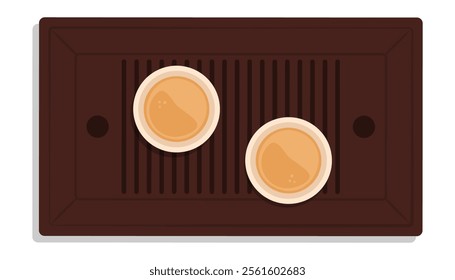 Traditional Chinese tea set: wooden tray and cups filled with hot tea, isolated