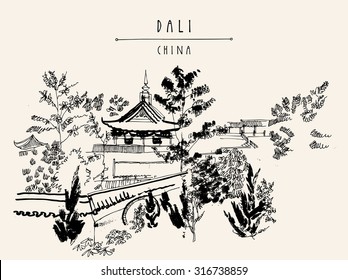 Traditional Chinese temple in a historical park Dali, Yunnan province, China. Vector black and white vintage style travel poster, banner, postcard, coloring book page or calendar page template