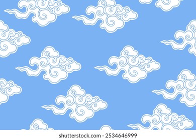 Traditionelle chinesische oder tibetische Wolken auf blauem Hintergrund. Orientales nahtloses horizontales Muster oder Banner.