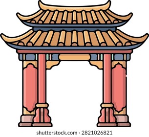 A traditional Chinese Torii gate, an iconic architectural element, depicted in a colorful, stylized illustration. This ornate gateway features layered, curved roofs and sturdy pillars, symbolizing entrance and transition.