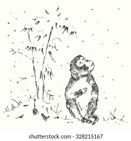 Traditional Chinese vector illustration of monkey with bamboo and snow, New Year greeting card, 2016 symbol, hand drawn