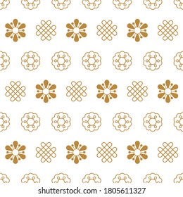 Patrones vectores chinos tradicionales sin fisuras. Ornamentos geométricos y florales dorados chinos sobre fondo blanco. Papel de la pared decorativo asiático. Fondo oriental para la tarjeta de bienvenida de año nuevo.