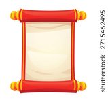 Traditional Chinese vertical scroll with blank paper, red border and golden embellishments isolated by a white background. Vector cartoon illustration