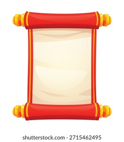 Traditional Chinese vertical scroll with blank paper, red border and golden embellishments isolated by a white background. Vector cartoon illustration