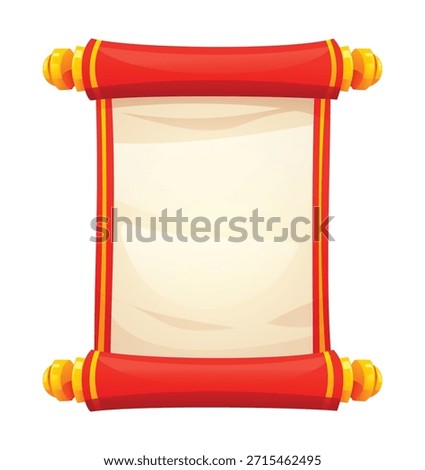 Traditional Chinese vertical scroll with blank paper, red border and golden embellishments isolated by a white background. Vector cartoon illustration