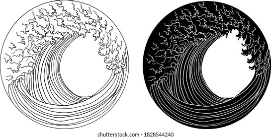 Traditional Chinese wave in circle.Beautiful line art of nature for printing on shirt.Asian art for doodle and painting on background.