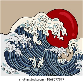 Traditional Chinese wave in circle.Beautiful line art of nature for printing on shirt.Asian art for doodle and painting on background.Sunrise or sunset illustration on background.