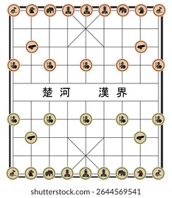Traditional Chinese Xiangqi (Chinese chess) board showing full initial setup with red and green pieces. Ideal for strategy, culture, and educational content.