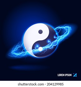 Traditional Chinese Yin Yang symbol in blue flashes and lighting circle